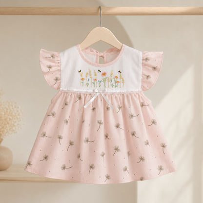 Baby Girls Blush Pink All-Over Dandelion Print Bee & Wildflower Embroidered Flutter Sleeve A-Line Top & Bloomers 2-Piece Set