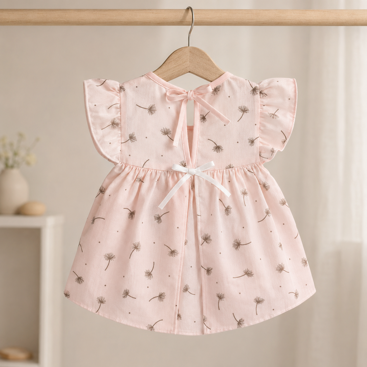 Baby Girls Blush Pink All-Over Dandelion Print Bee & Wildflower Embroidered Flutter Sleeve A-Line Top & Bloomers 2-Piece Set