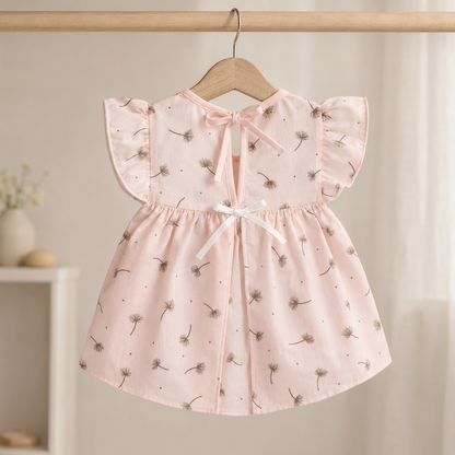 Baby Girls Blush Pink All-Over Dandelion Print Bee & Wildflower Embroidered Flutter Sleeve A-Line Top & Bloomers 2-Piece Set