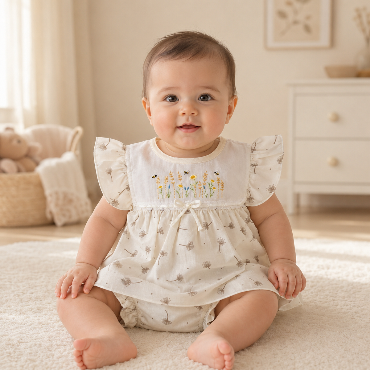 Baby Girls Cream All-Over Dandelion Print Bee & Wildflower Embroidered Flutter Sleeve A-Line Top & Bloomers 2-Piece Set