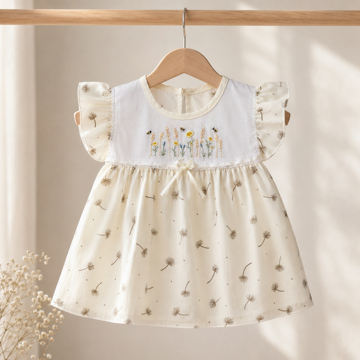 Baby Girls Cream All-Over Dandelion Print Bee & Wildflower Embroidered Flutter Sleeve A-Line Top & Bloomers 2-Piece Set