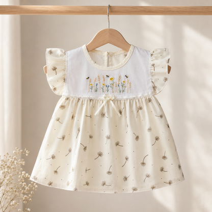 Baby Girls Cream All-Over Dandelion Print Bee & Wildflower Embroidered Flutter Sleeve A-Line Top & Bloomers 2-Piece Set