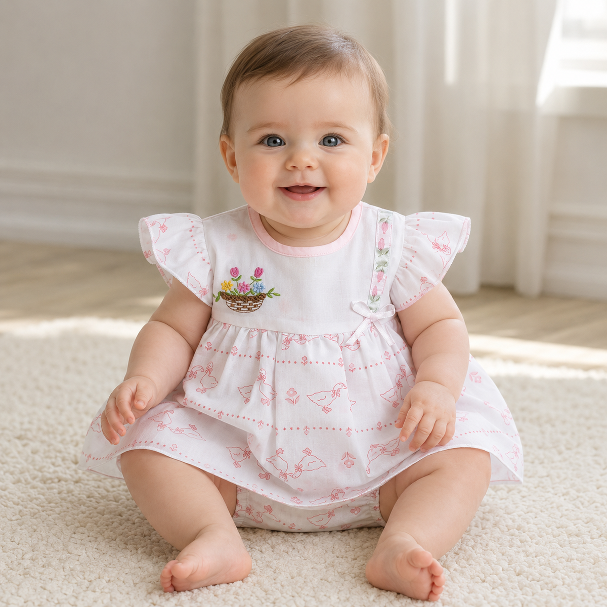 Baby Girls White & Pink All-Over Goose & Bow Print Flower Basket Embroidered Flutter Sleeve A-Line Dress & Bloomers 2-Piece Set