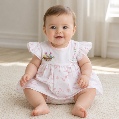 Baby Girls White & Pink All-Over Goose & Bow Print Flower Basket Embroidered Flutter Sleeve A-Line Dress & Bloomers 2-Piece Set