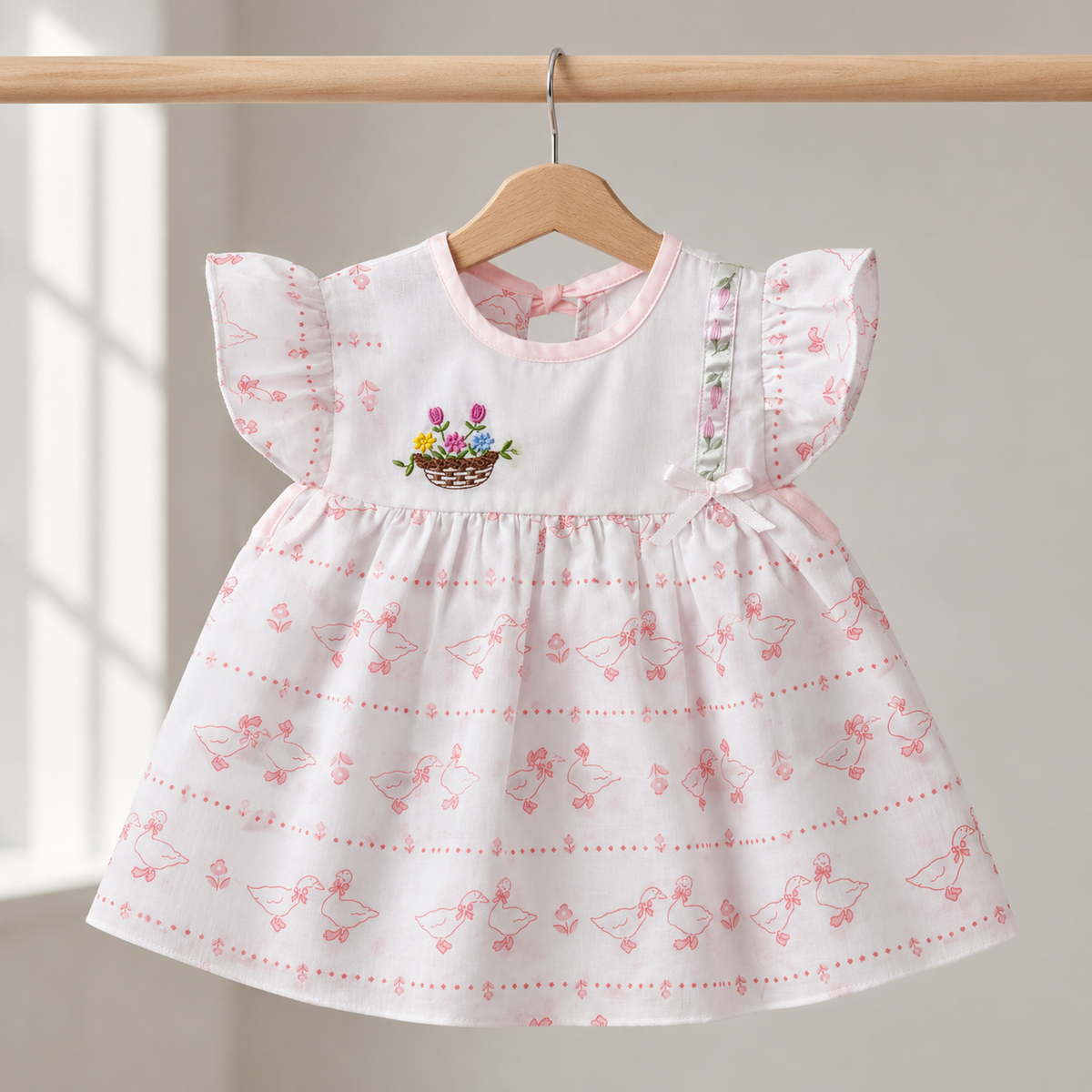 Baby Girls White & Pink All-Over Goose & Bow Print Flower Basket Embroidered Flutter Sleeve A-Line Dress & Bloomers 2-Piece Set