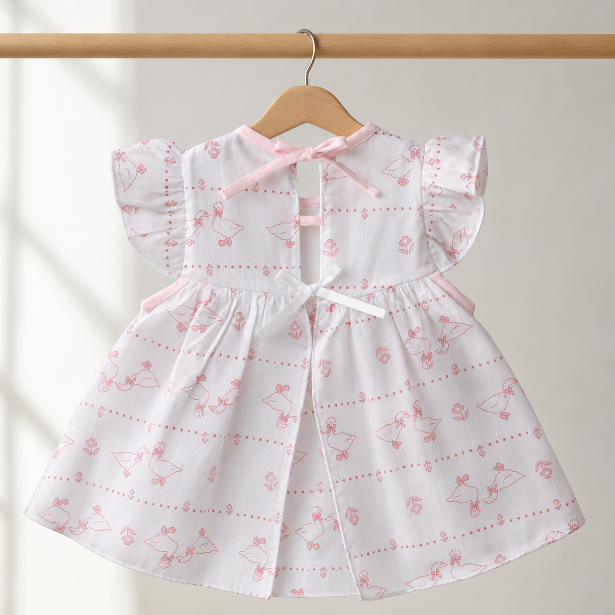 Baby Girls White & Pink All-Over Goose & Bow Print Flower Basket Embroidered Flutter Sleeve A-Line Dress & Bloomers 2-Piece Set