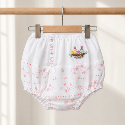Baby Girls White & Pink All-Over Goose & Bow Print Flower Basket Embroidered Flutter Sleeve A-Line Dress & Bloomers 2-Piece Set