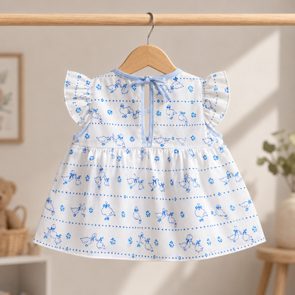 Baby Girls White & Blue All-Over Goose & Bow Print Flower Basket Embroidered Flutter Sleeve A-Line Dress & Bloomers 2-Piece Set