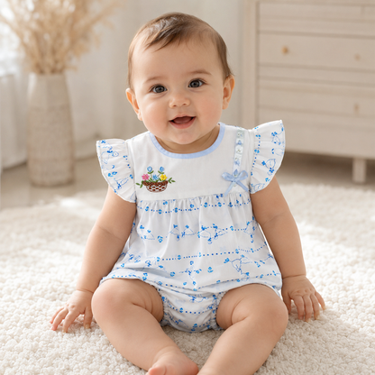 Baby Girls White & Blue All-Over Goose & Bow Print Flower Basket Embroidered Flutter Sleeve A-Line Dress & Bloomers 2-Piece Set