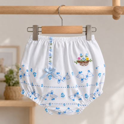 Baby Girls White & Blue All-Over Goose & Bow Print Flower Basket Embroidered Flutter Sleeve A-Line Dress & Bloomers 2-Piece Set