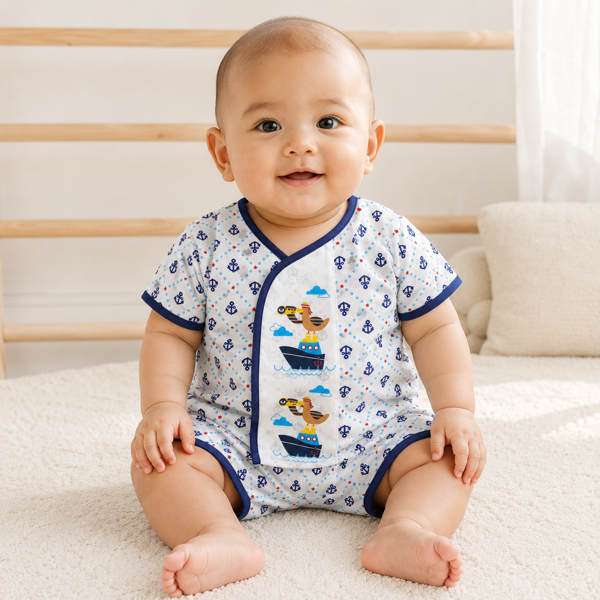 Baby Boys White All-Over Navy Anchor & Star Print "Sailor Duck" Appliqué Wrap-Front Short Sleeve Top & Shorts 2-Piece Set