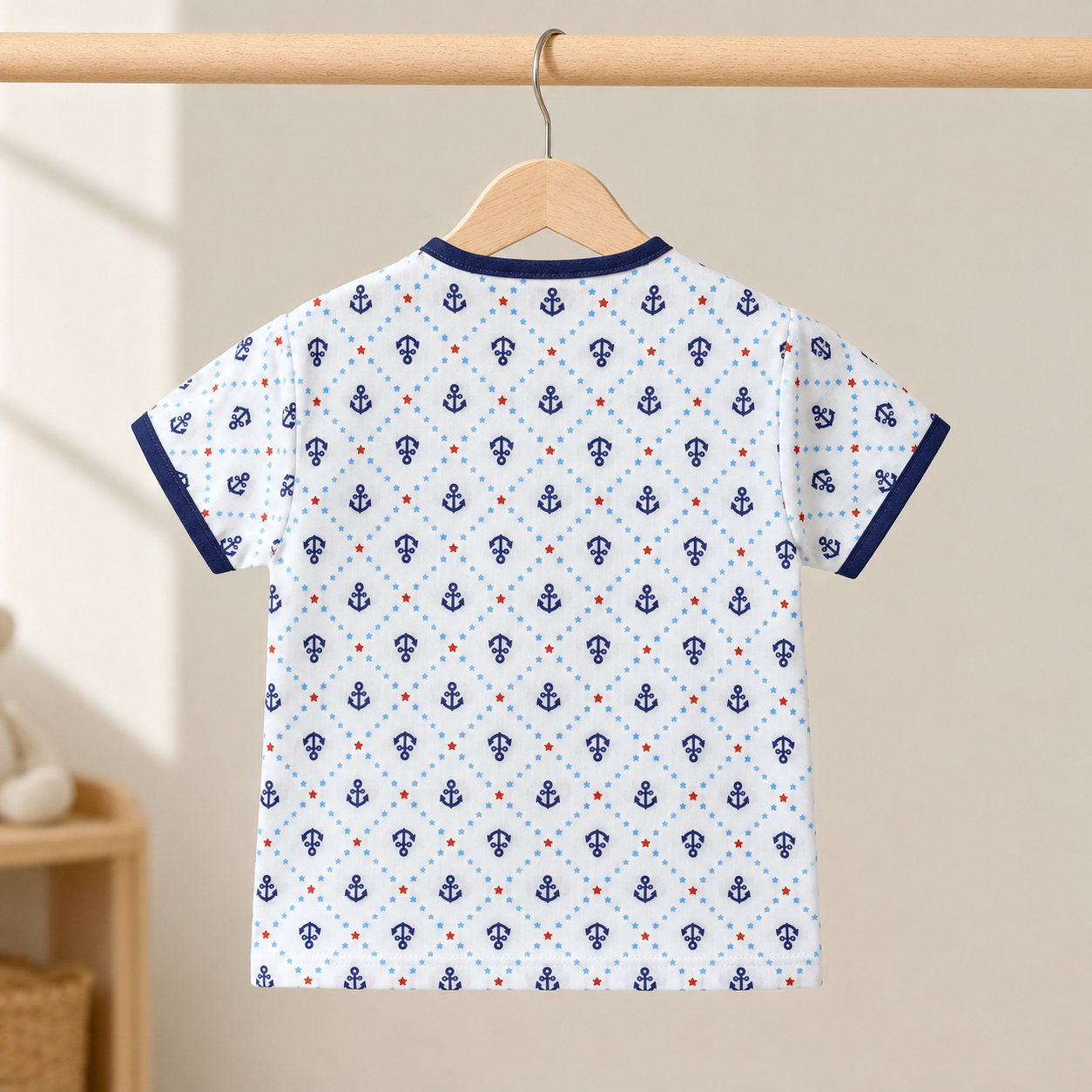 Baby Boys White All-Over Navy Anchor & Star Print "Sailor Duck" Appliqué Wrap-Front Short Sleeve Top & Shorts 2-Piece Set