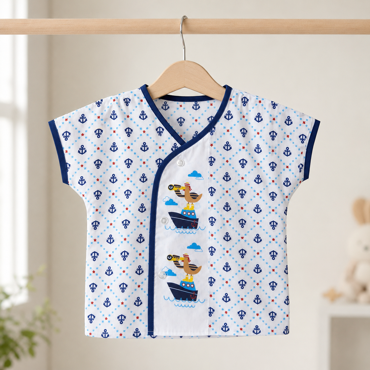 Baby Boys White All-Over Navy Anchor & Star Print "Sailor Duck" Appliqué Wrap-Front Short Sleeve Top & Shorts 2-Piece Set