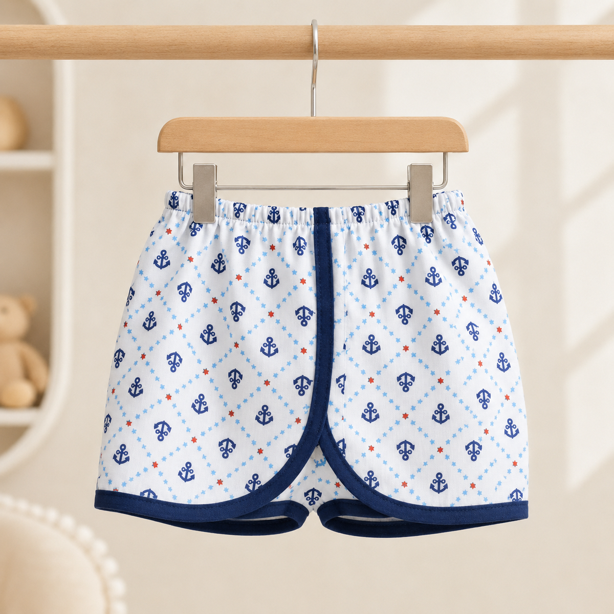 Baby Boys White All-Over Navy Anchor & Star Print "Sailor Duck" Appliqué Wrap-Front Short Sleeve Top & Shorts 2-Piece Set