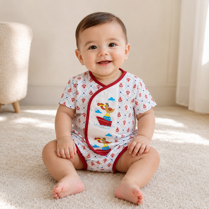 Baby Boys White & Red All-Over Anchor & Star Print "Sailor Duck" Appliqué Wrap-Front Short Sleeve Top & Shorts 2-Piece Set