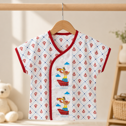 Baby Boys White & Red All-Over Anchor & Star Print "Sailor Duck" Appliqué Wrap-Front Short Sleeve Top & Shorts 2-Piece Set