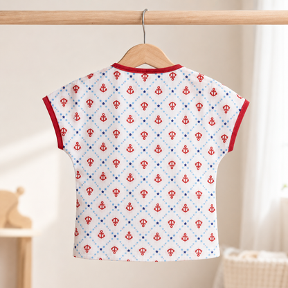 Baby Boys White & Red All-Over Anchor & Star Print "Sailor Duck" Appliqué Wrap-Front Short Sleeve Top & Shorts 2-Piece Set