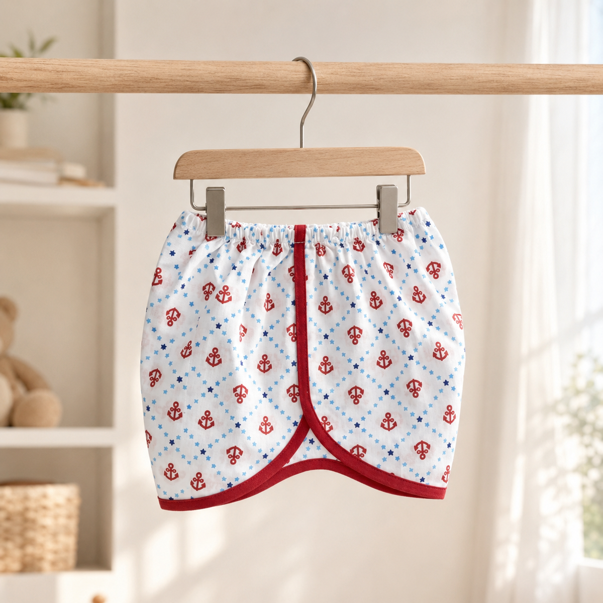 Baby Boys White & Red All-Over Anchor & Star Print "Sailor Duck" Appliqué Wrap-Front Short Sleeve Top & Shorts 2-Piece Set