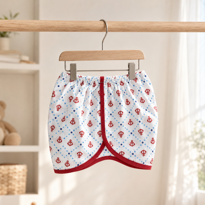Baby Boys White & Red All-Over Anchor & Star Print "Sailor Duck" Appliqué Wrap-Front Short Sleeve Top & Shorts 2-Piece Set