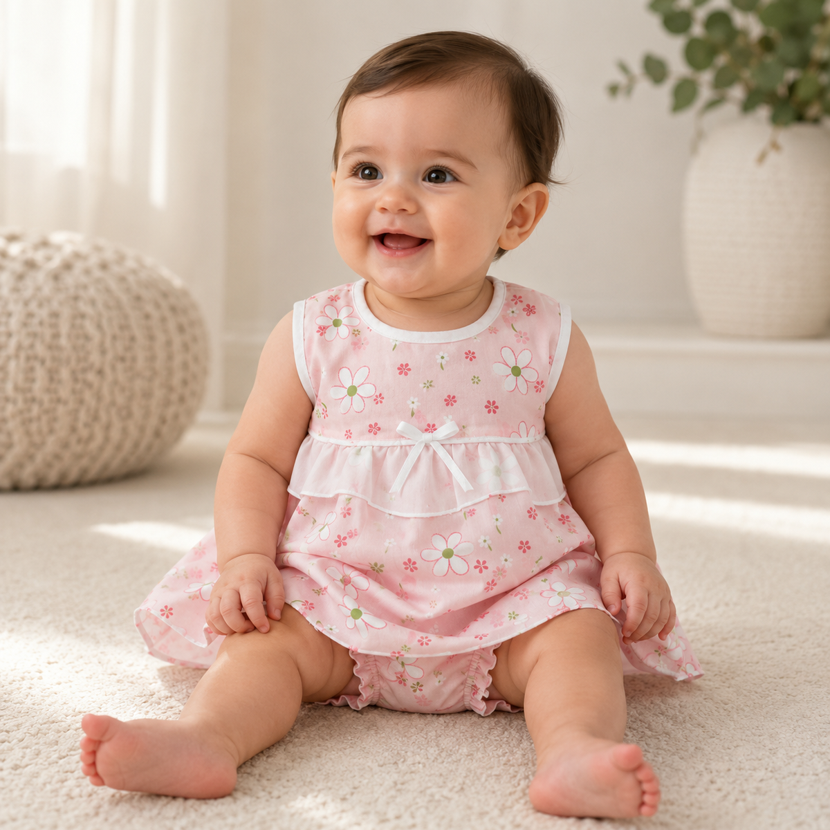 Baby Girls Blush Pink All-Over Daisy & Floral Print Sleeveless Ruffle Tier Bow A-Line Dress & Bloomers 2-Piece Set