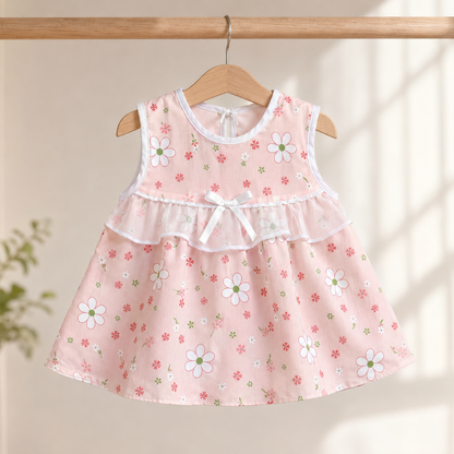 Baby Girls Blush Pink All-Over Daisy & Floral Print Sleeveless Ruffle Tier Bow A-Line Dress & Bloomers 2-Piece Set