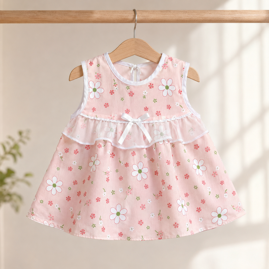 Baby Girls Blush Pink All-Over Daisy & Floral Print Sleeveless Ruffle Tier Bow A-Line Dress & Bloomers 2-Piece Set