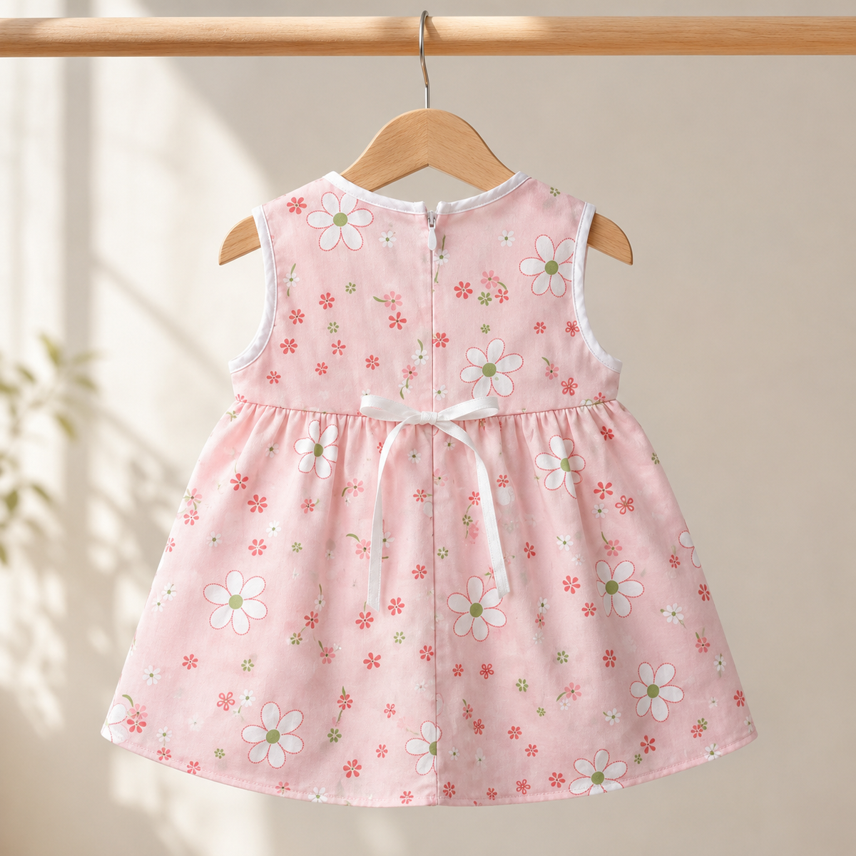 Baby Girls Blush Pink All-Over Daisy & Floral Print Sleeveless Ruffle Tier Bow A-Line Dress & Bloomers 2-Piece Set