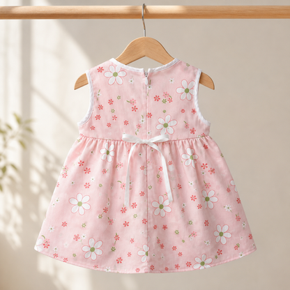Baby Girls Blush Pink All-Over Daisy & Floral Print Sleeveless Ruffle Tier Bow A-Line Dress & Bloomers 2-Piece Set