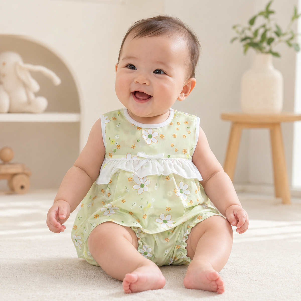 Baby Girls Sage Green All-Over Daisy & Floral Print Sleeveless White Ruffle Tier Bow A-Line Dress & Bloomers 2-Piece Set