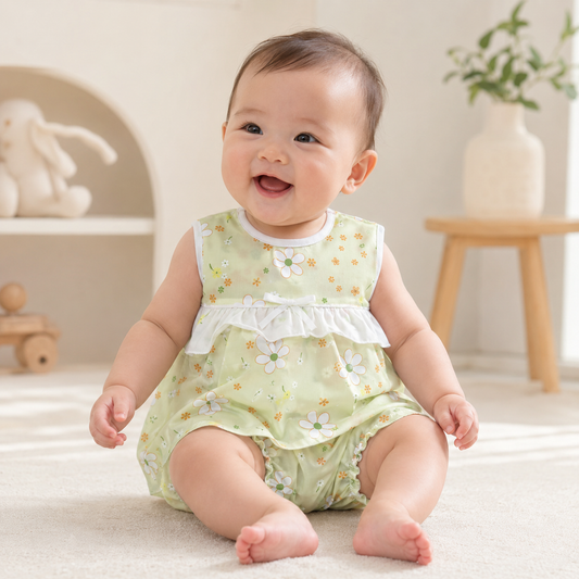 Baby Girls Sage Green All-Over Daisy & Floral Print Sleeveless White Ruffle Tier Bow A-Line Dress & Bloomers 2-Piece Set