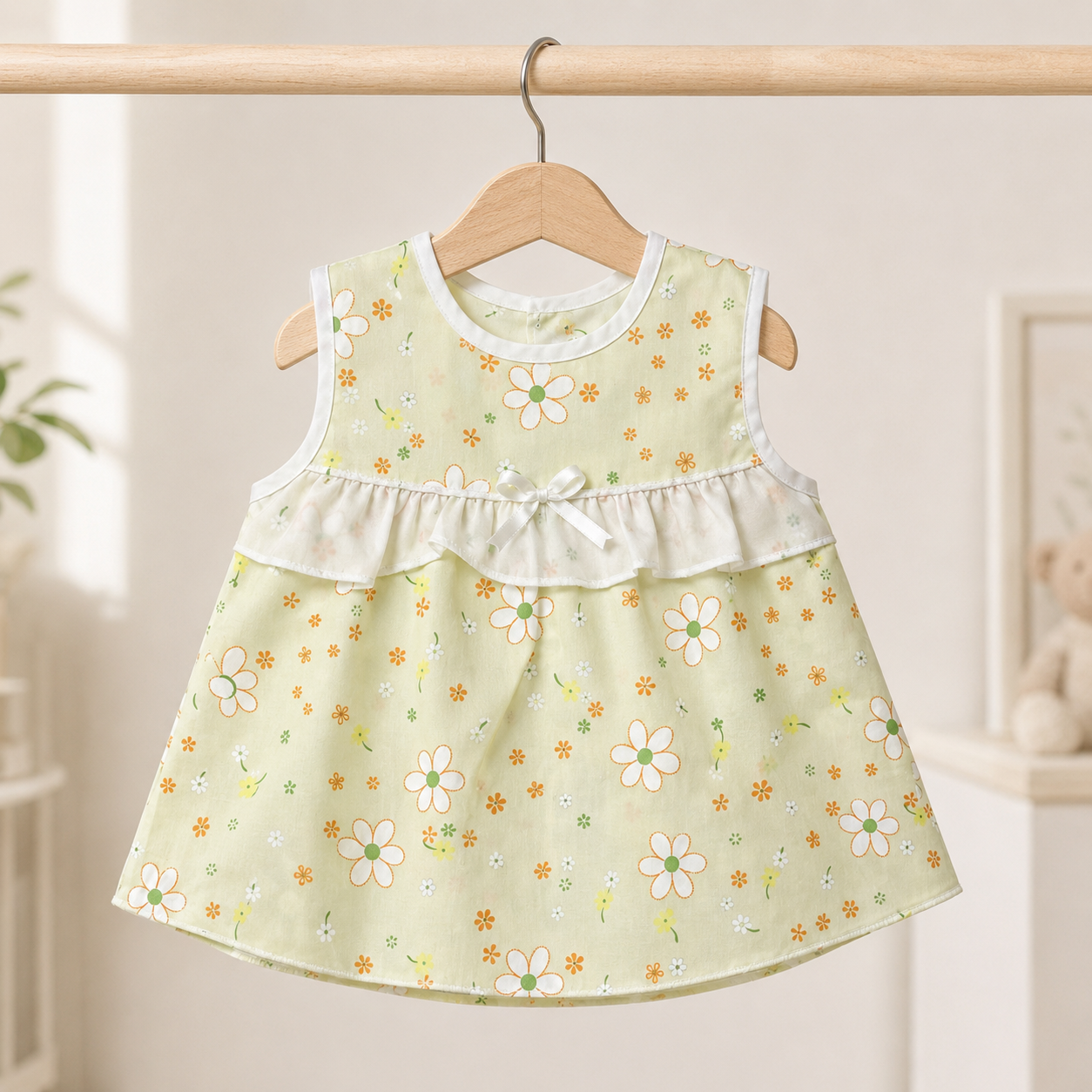 Baby Girls Sage Green All-Over Daisy & Floral Print Sleeveless White Ruffle Tier Bow A-Line Dress & Bloomers 2-Piece Set