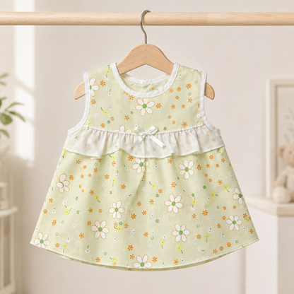 Baby Girls Sage Green All-Over Daisy & Floral Print Sleeveless White Ruffle Tier Bow A-Line Dress & Bloomers 2-Piece Set