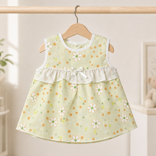 Baby Girls Sage Green All-Over Daisy & Floral Print Sleeveless White Ruffle Tier Bow A-Line Dress & Bloomers 2-Piece Set