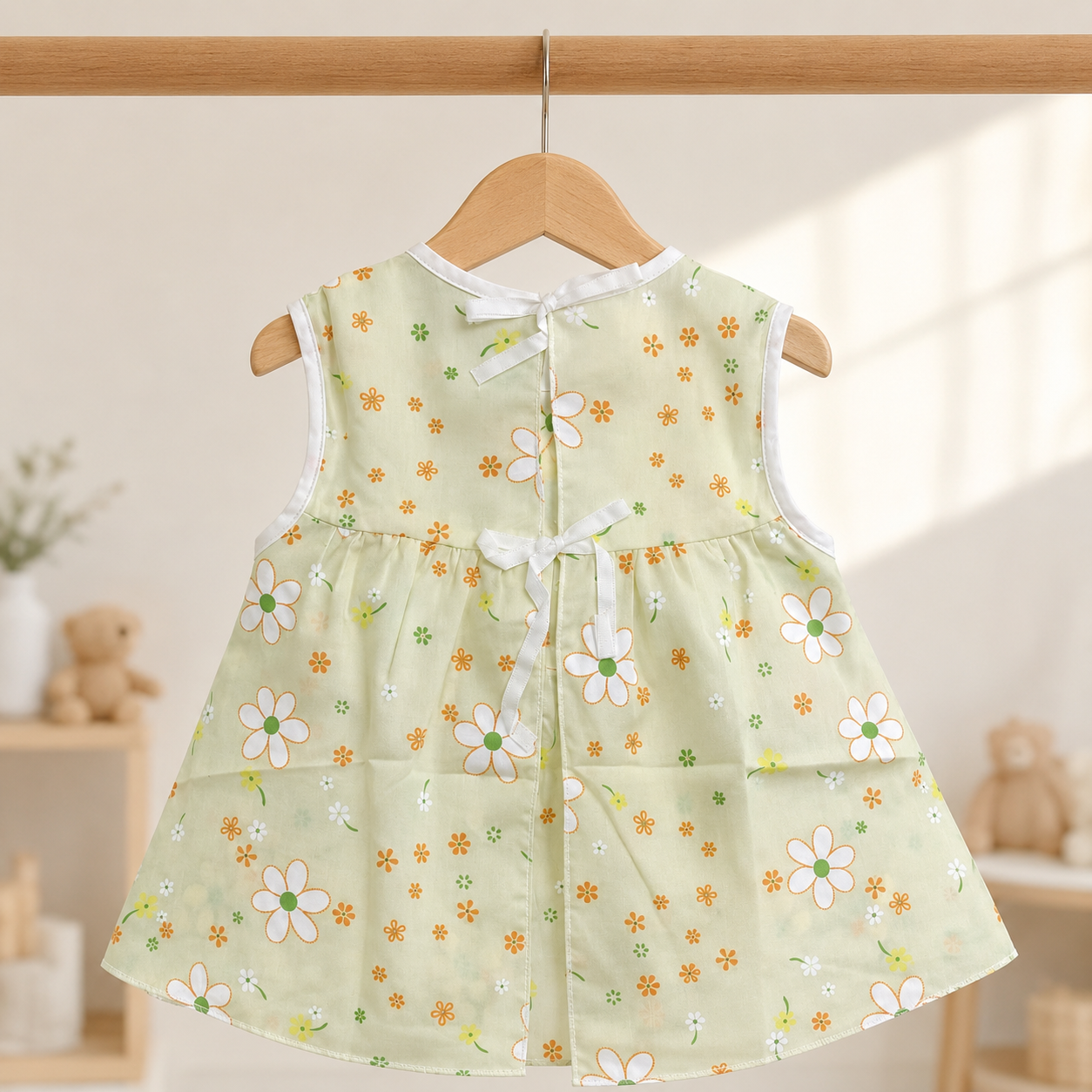 Baby Girls Sage Green All-Over Daisy & Floral Print Sleeveless White Ruffle Tier Bow A-Line Dress & Bloomers 2-Piece Set