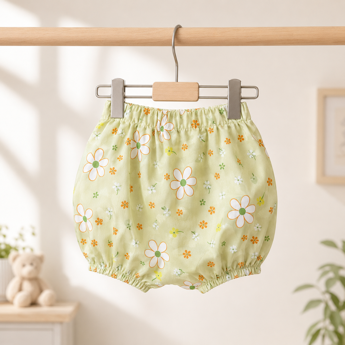 Baby Girls Sage Green All-Over Daisy & Floral Print Sleeveless White Ruffle Tier Bow A-Line Dress & Bloomers 2-Piece Set