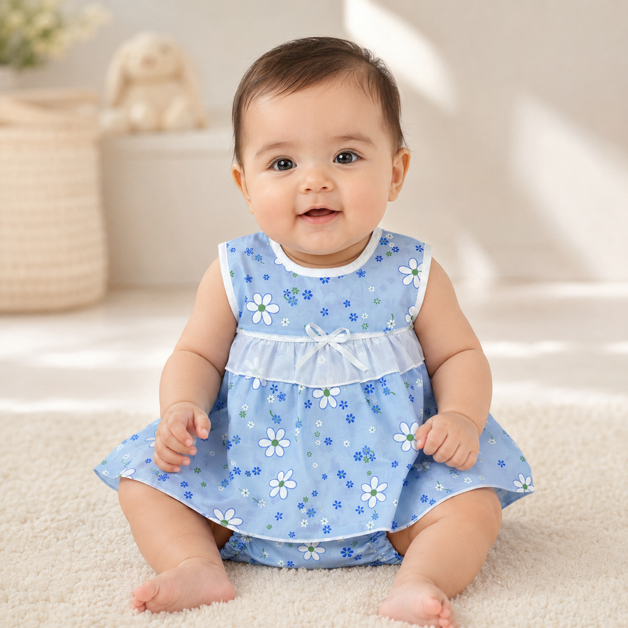 Baby Girls Sky Blue All-Over Daisy & Floral Print Sleeveless White Ruffle Tier Bow A-Line Dress & Bloomers 2-Piece Set