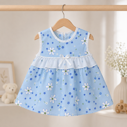 Baby Girls Sky Blue All-Over Daisy & Floral Print Sleeveless White Ruffle Tier Bow A-Line Dress & Bloomers 2-Piece Set