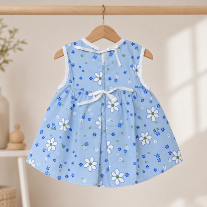 Baby Girls Sky Blue All-Over Daisy & Floral Print Sleeveless White Ruffle Tier Bow A-Line Dress & Bloomers 2-Piece Set