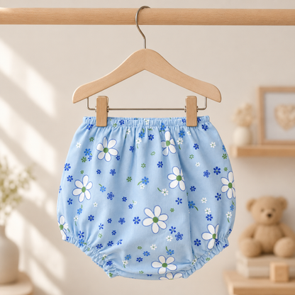 Baby Girls Sky Blue All-Over Daisy & Floral Print Sleeveless White Ruffle Tier Bow A-Line Dress & Bloomers 2-Piece Set