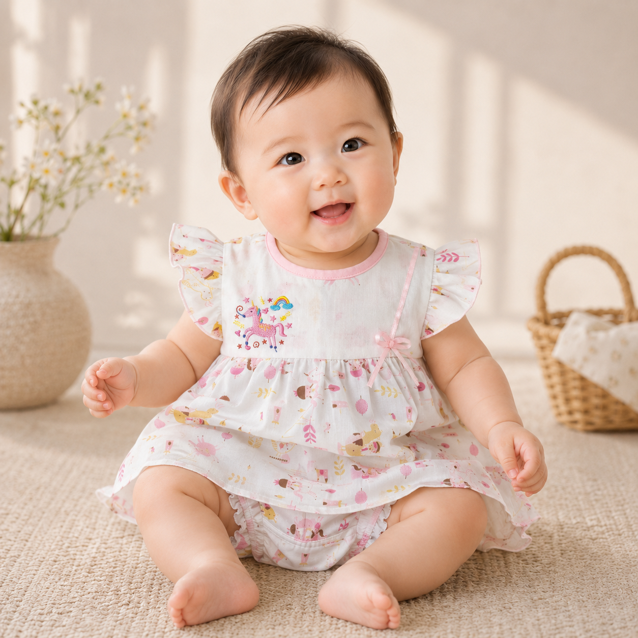 Baby Girls White All-Over Enchanted Forest & Unicorn Print "Rainbow Unicorn" Embroidered Flutter Sleeve A-Line Dress & Bloomers 2-Piece Set