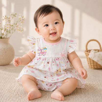 Baby Girls White All-Over Enchanted Forest & Unicorn Print "Rainbow Unicorn" Embroidered Flutter Sleeve A-Line Dress & Bloomers 2-Piece Set