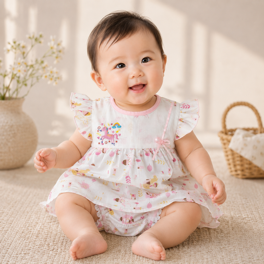 Baby Girls White All-Over Enchanted Forest & Unicorn Print "Rainbow Unicorn" Embroidered Flutter Sleeve A-Line Dress & Bloomers 2-Piece Set