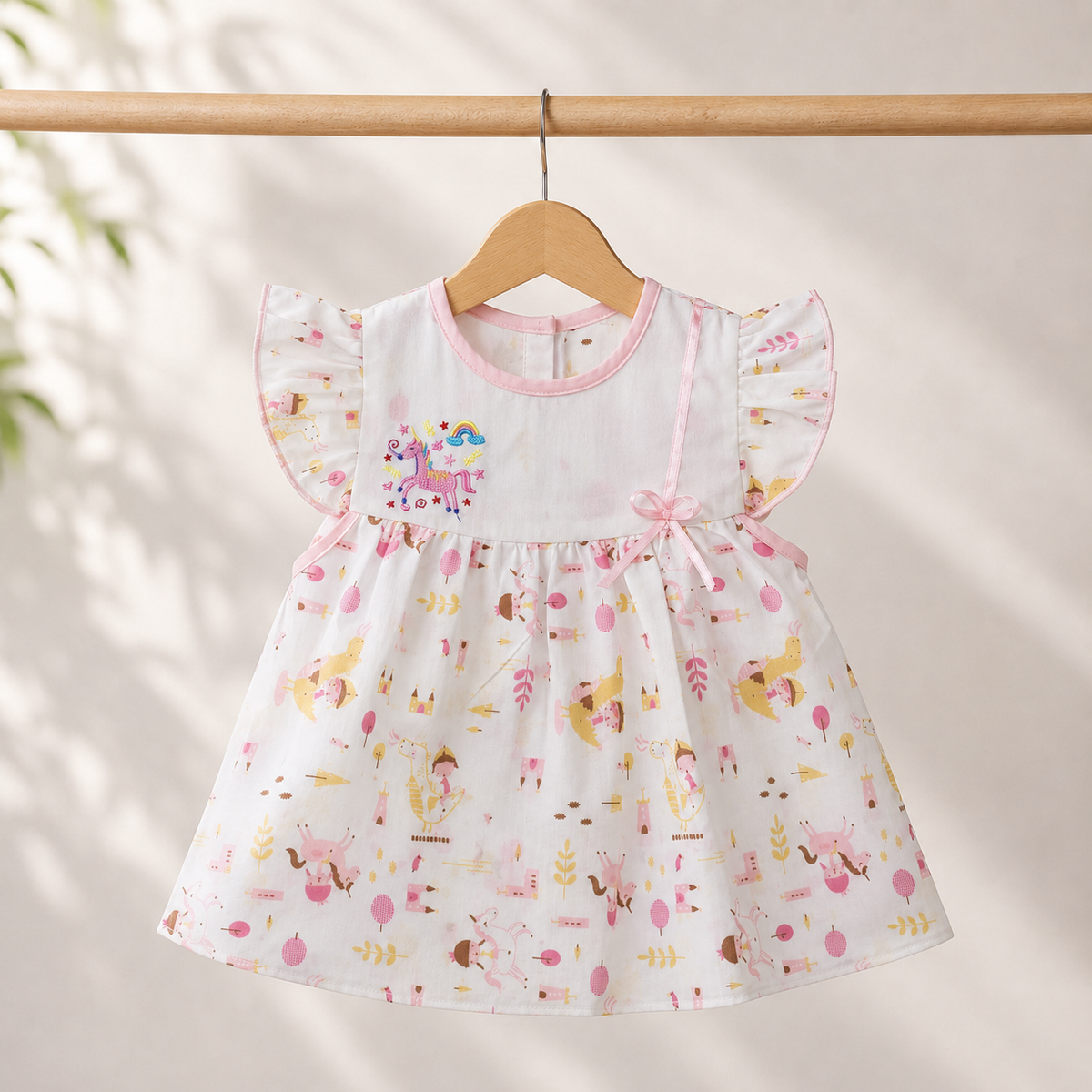 Baby Girls White All-Over Enchanted Forest & Unicorn Print "Rainbow Unicorn" Embroidered Flutter Sleeve A-Line Dress & Bloomers 2-Piece Set