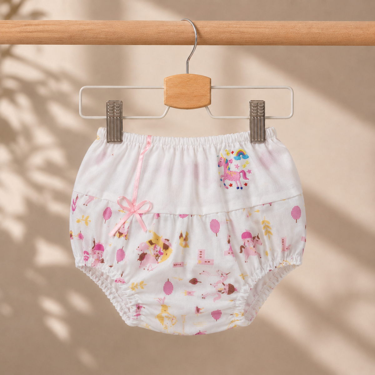 Baby Girls White All-Over Enchanted Forest & Unicorn Print "Rainbow Unicorn" Embroidered Flutter Sleeve A-Line Dress & Bloomers 2-Piece Set