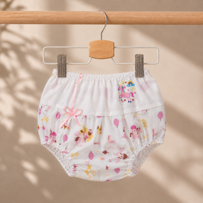 Baby Girls White All-Over Enchanted Forest & Unicorn Print "Rainbow Unicorn" Embroidered Flutter Sleeve A-Line Dress & Bloomers 2-Piece Set