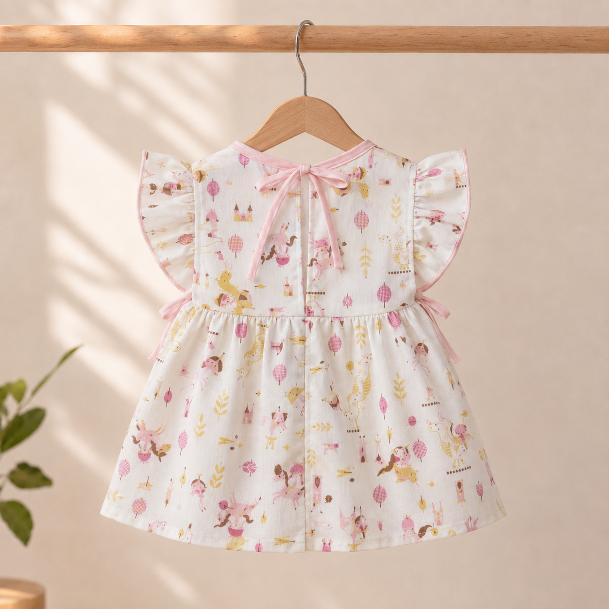 Baby Girls White All-Over Enchanted Forest & Unicorn Print "Rainbow Unicorn" Embroidered Flutter Sleeve A-Line Dress & Bloomers 2-Piece Set