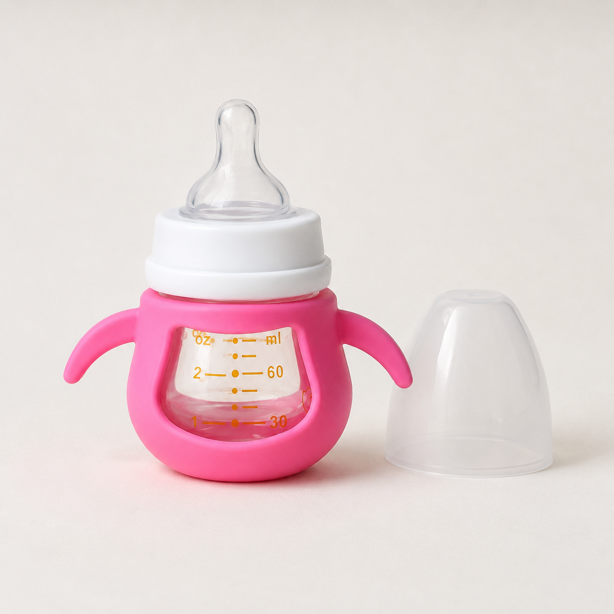 Wide-Neck Newborn Feeding Bottle with Silicone Sleeve & Wing Handles – 60ml
