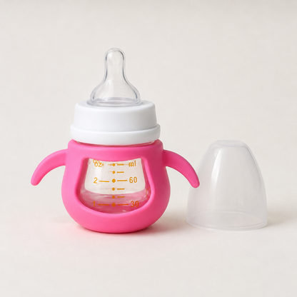 Wide-Neck Newborn Feeding Bottle with Silicone Sleeve & Wing Handles – 60ml