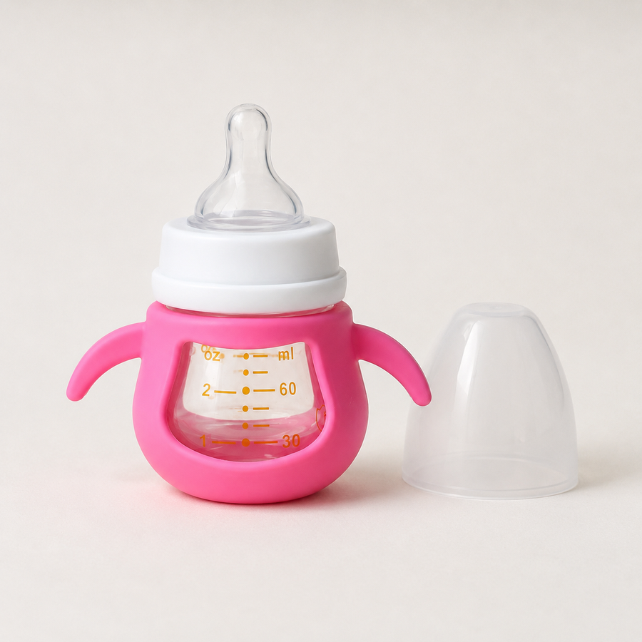Wide-Neck Newborn Feeding Bottle with Silicone Sleeve & Wing Handles – 60ml