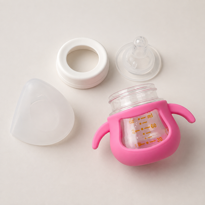 Wide-Neck Newborn Feeding Bottle with Silicone Sleeve & Wing Handles – 60ml